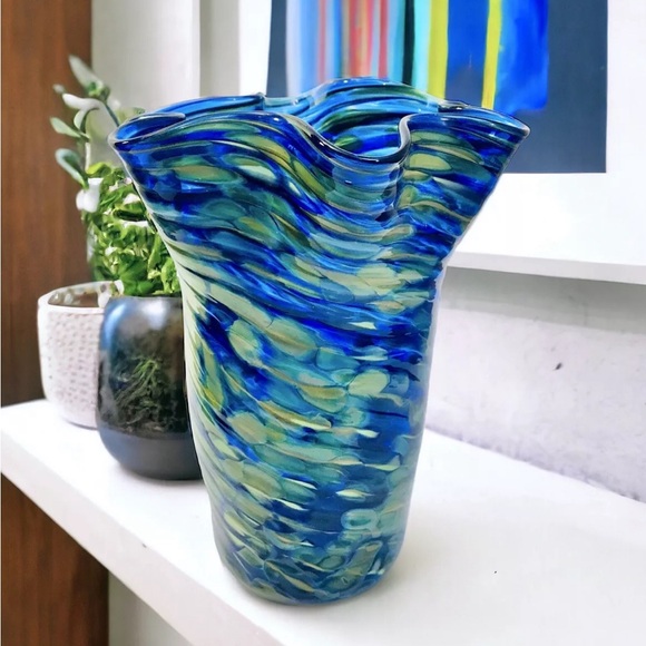 Disney Other - Arribas Brothers Walt Disney World Blown Glass Ruffled Vase 9” Blue Yellow Swirl